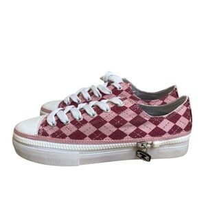 Pink white Argyle sneakers white summer platform shoes lace up size 6 breathable